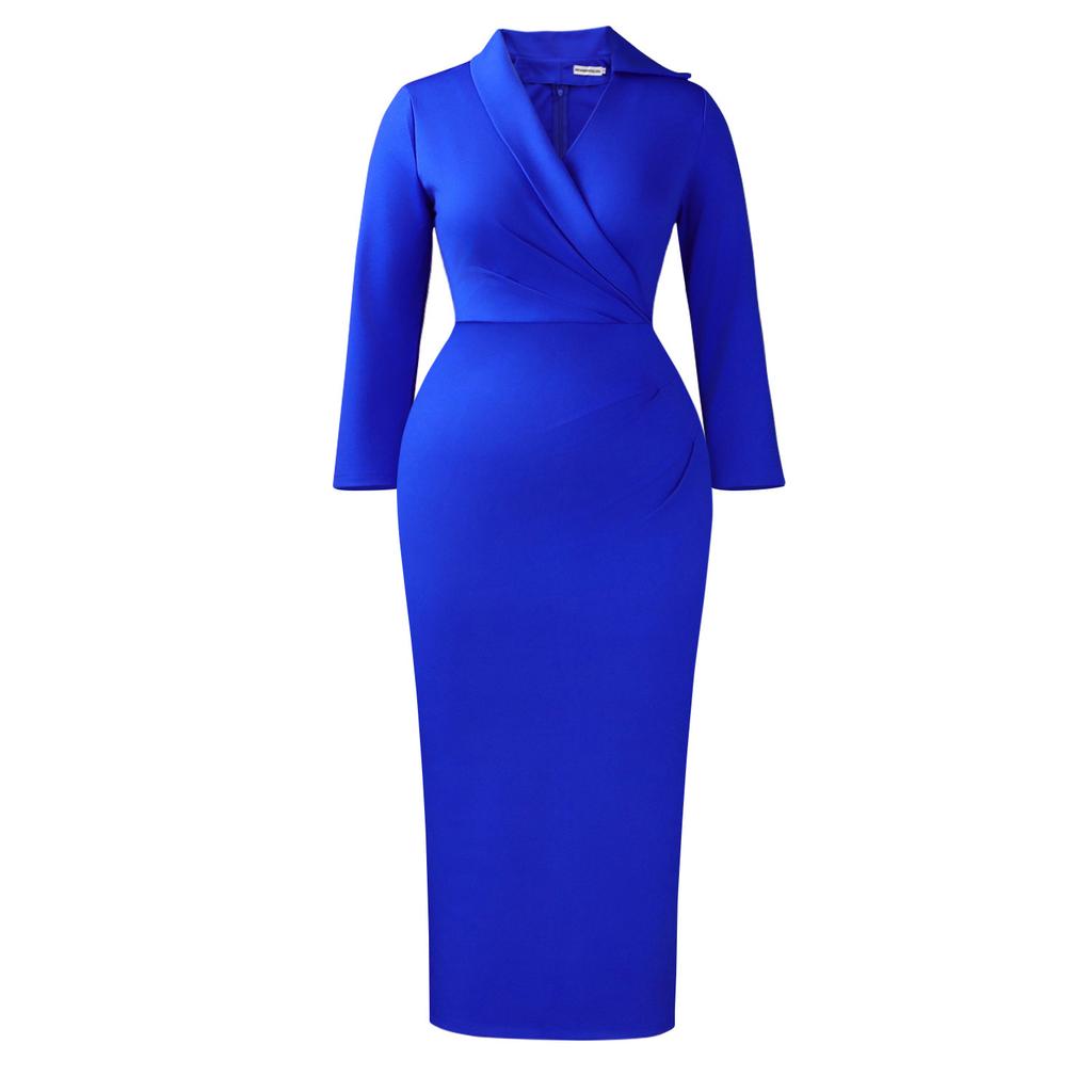 Plus Size Women Sexy Slim Fit V Neck Solid Color Bodycon Pencil Midi Dress