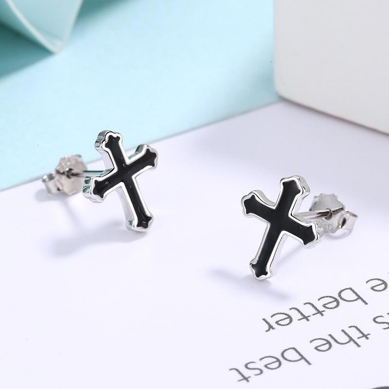 925 Silver Black Cross Stud Earrings For Woman Piercing Wedding Luxury Jewelry Accessories Money 925