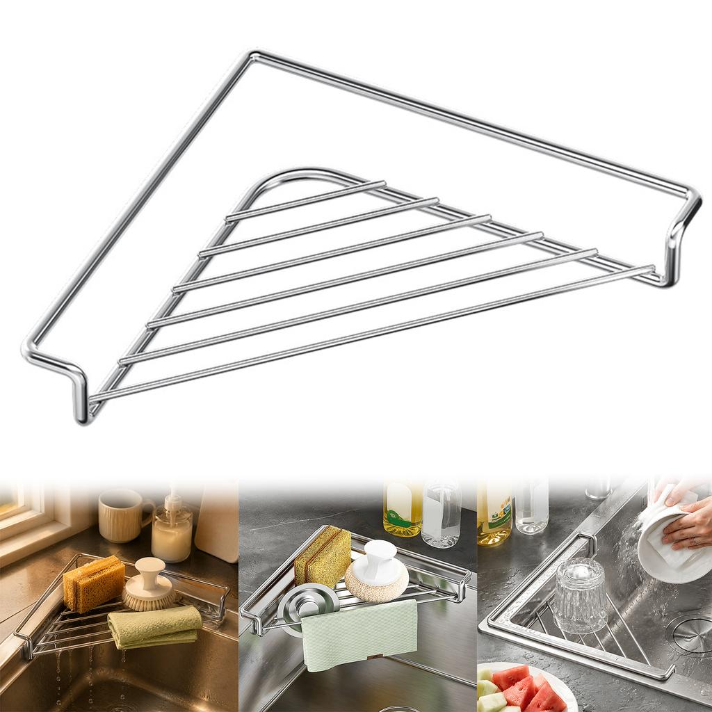 Stainless Steel Kitchen Sink Corner Shelf Organizer Rack Sponge Holder Drain Rack No Drilling 31x22x2.5cm