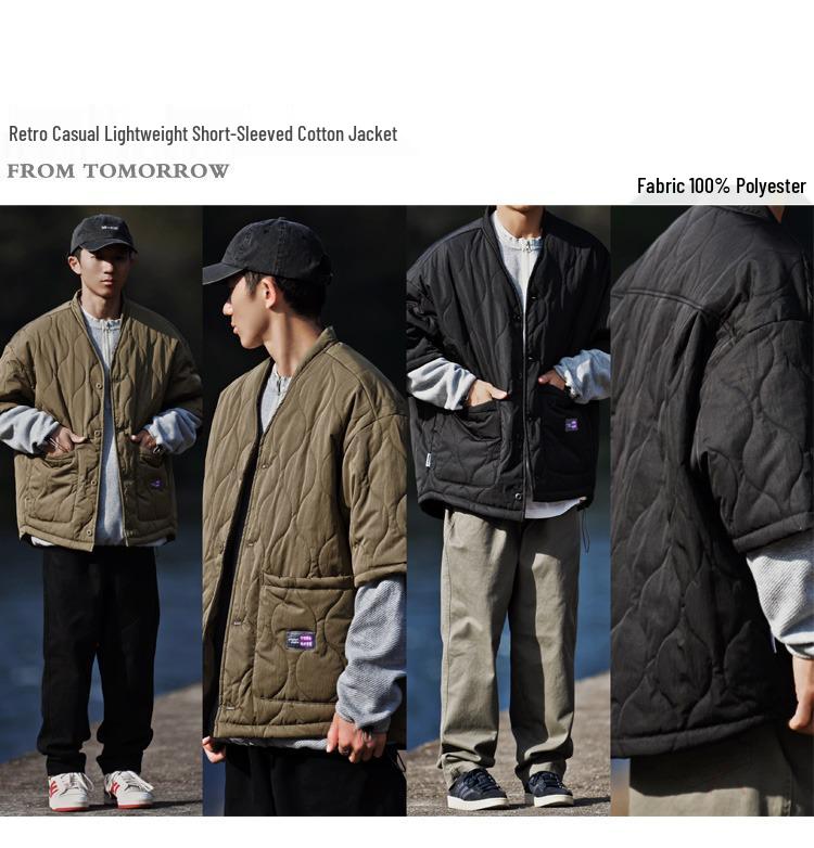 Unisex Retro Gourd Pattern Quilted Cotton Jacket - Short Sleeve Autumn/Winter Casual Outerwear