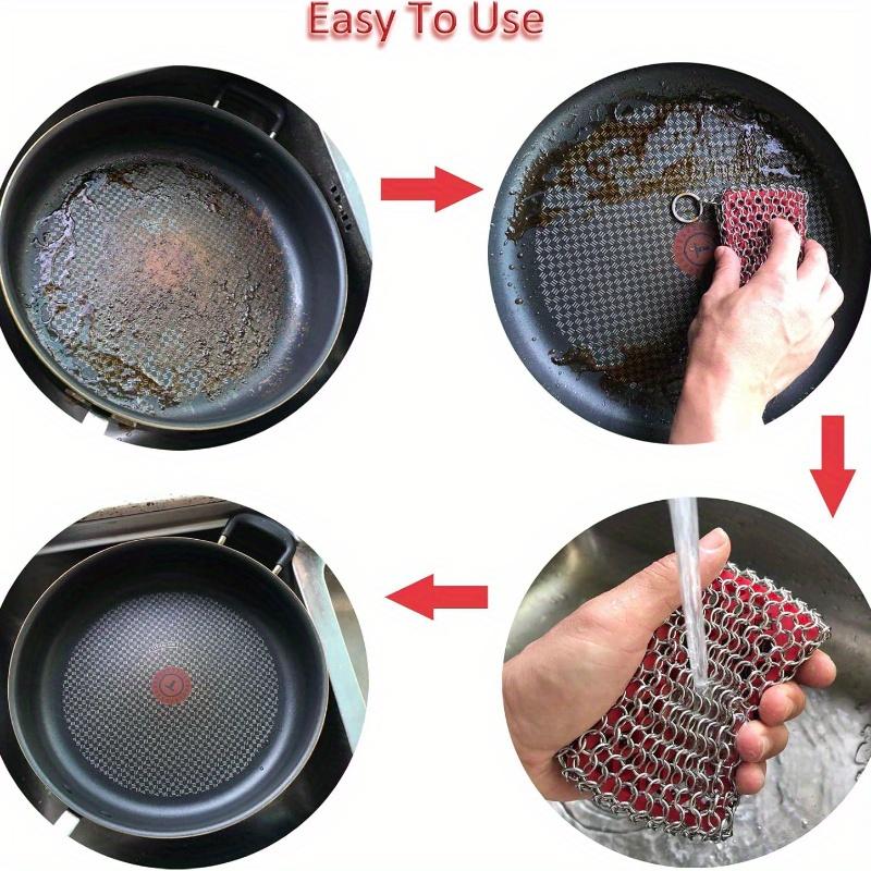 Cast Iron Skillet Cleaner, Stainless Steel Chainmail Cleaning Scrubber with Silicone Insert for Cleaning Castiron Pan