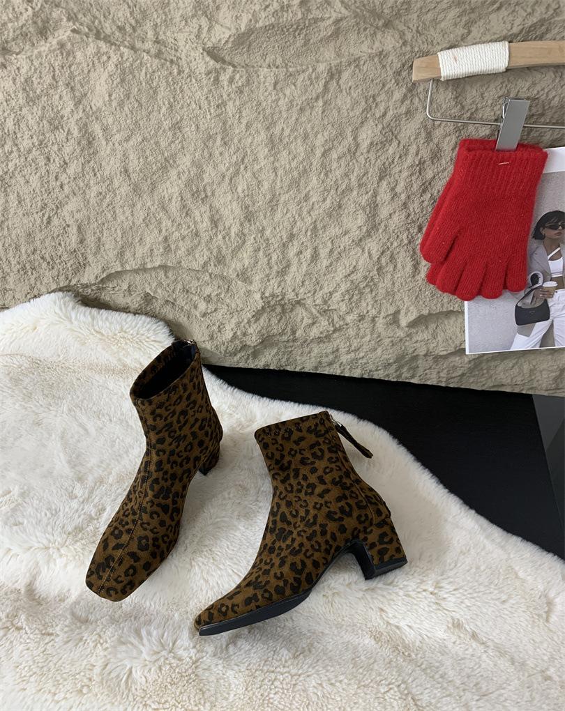 Brown short boots women's high heel thick heel rear zipper square head versatile 2025 new autumn and winter Korean version suede thin boots