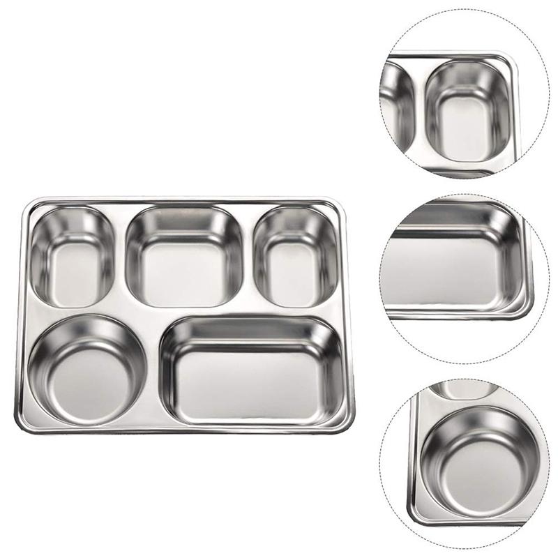 Stainless steel partitioned dinner plate, lunch and dinner tray with 5 compartments, children's student lunch box, divided lunch