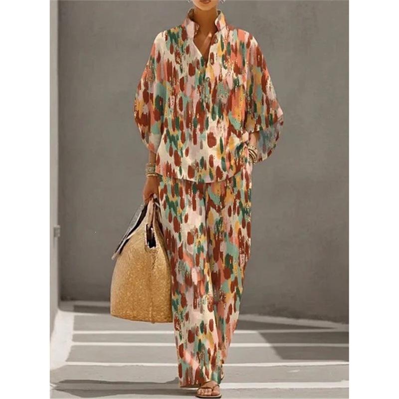 1116 New Women's Printed Two-piece Set Lazy Wind Loose Wide Leg Pants Set European and American Versatile Women