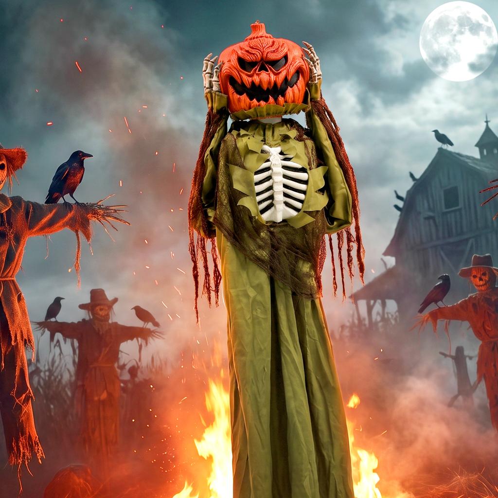 Animated Pop-up Pumpkin Skeleton, 173 Cm, Spooky Halloween Decoration with Light, Sound and Touch Activation