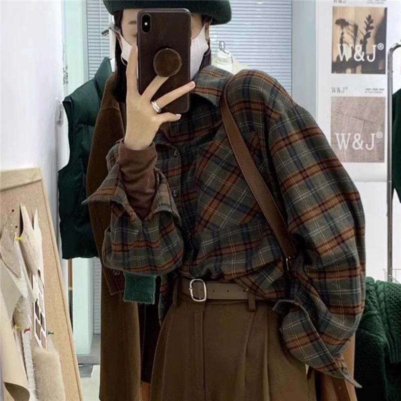 Женская винтажная клетчатая рубашка с длинным рукавом, свободная, повседневная, на пуговицах, блузка L