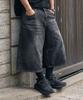 Beokeuldaun Simple Triple Stitched Standard Wide Fit Long Bermuda Denim Pants (Deep Grey)