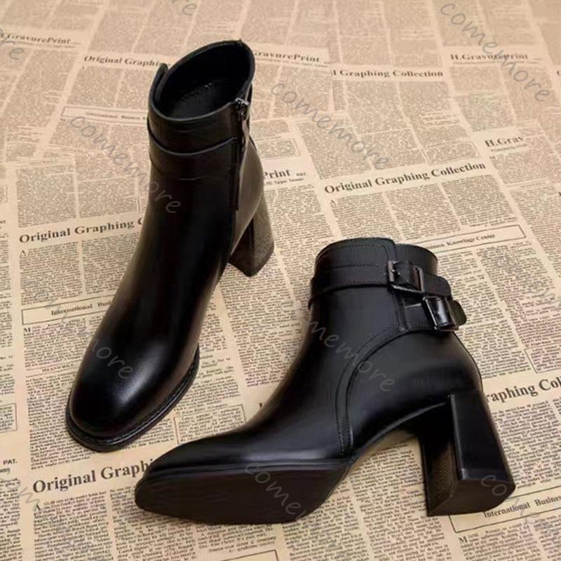 Fashion Comemore Temperament Fashion Women Boots Black High Heel Round Toe Ankle Boots for Women Autumn Winter Belt Buckle Short Booties