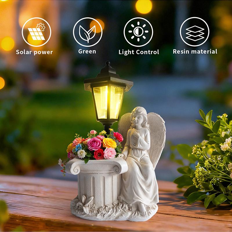 Resin Angel & Fairy Solar Garden Statue, Illuminated Flower Pot Ornament for Outdoor Yard Decor