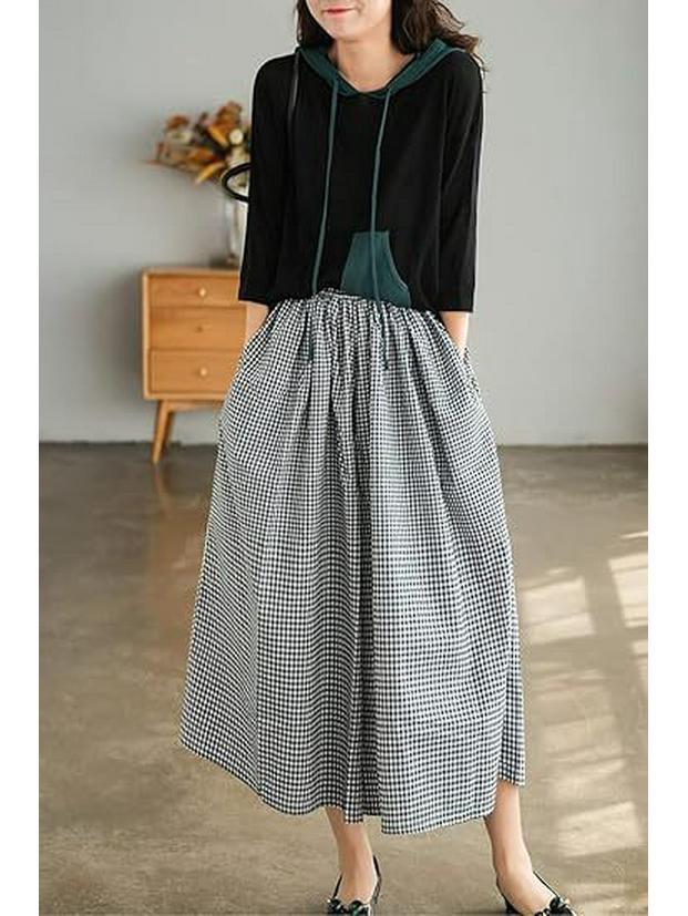 2024 Autumn Plus Size Plaid Cotton Linen Wide-Leg Skirt Pants - Elegant and Casual