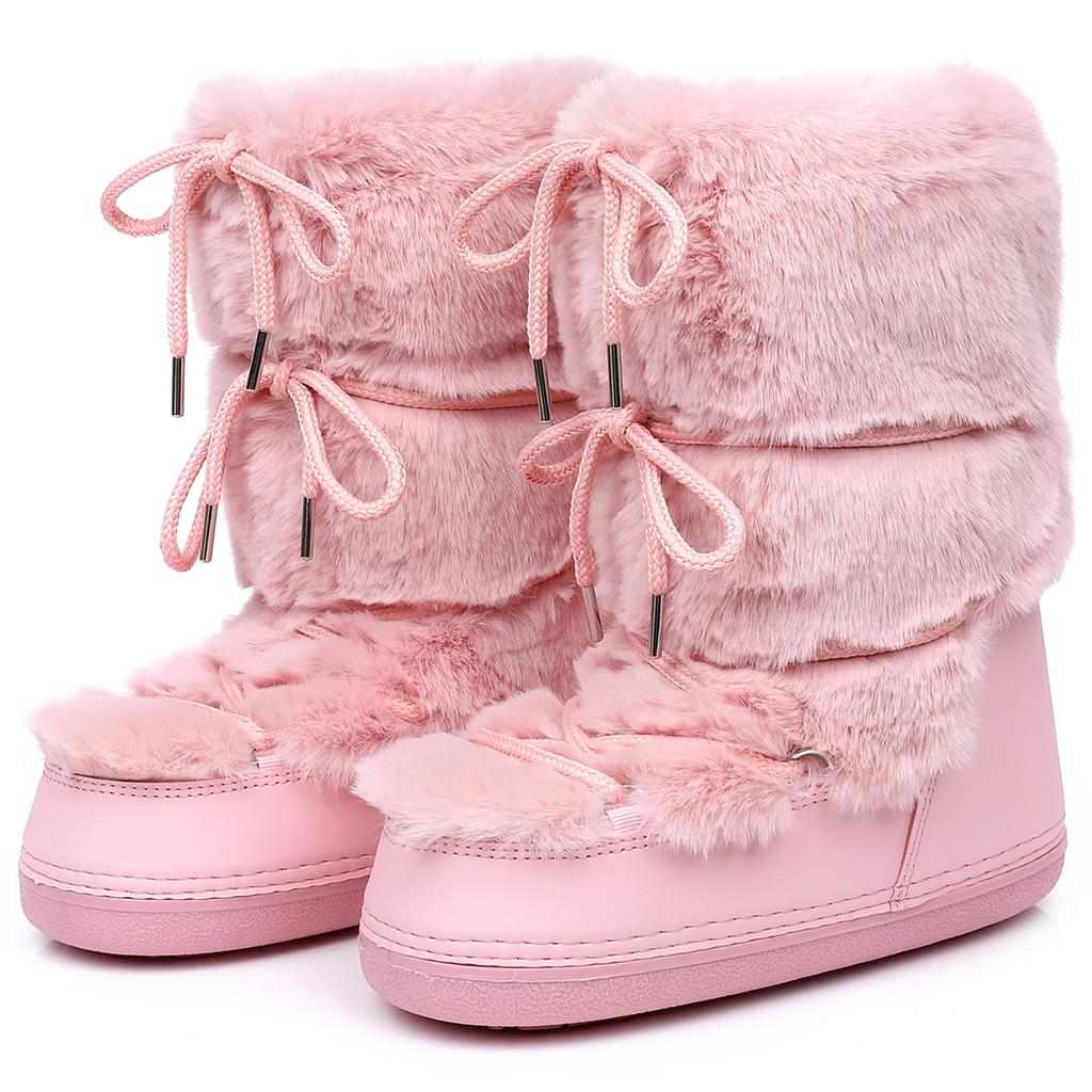 Winterstiefel für Damen Schneestiefel Marke Flauschiges Fell Schnürung Schwarz Rosa Plateau Rutschfest Wasserdicht Skistiefel