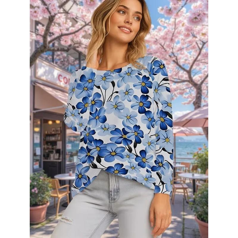Autumn Women's Flower Stripe 3D Printed Crew Neck T-Shirt