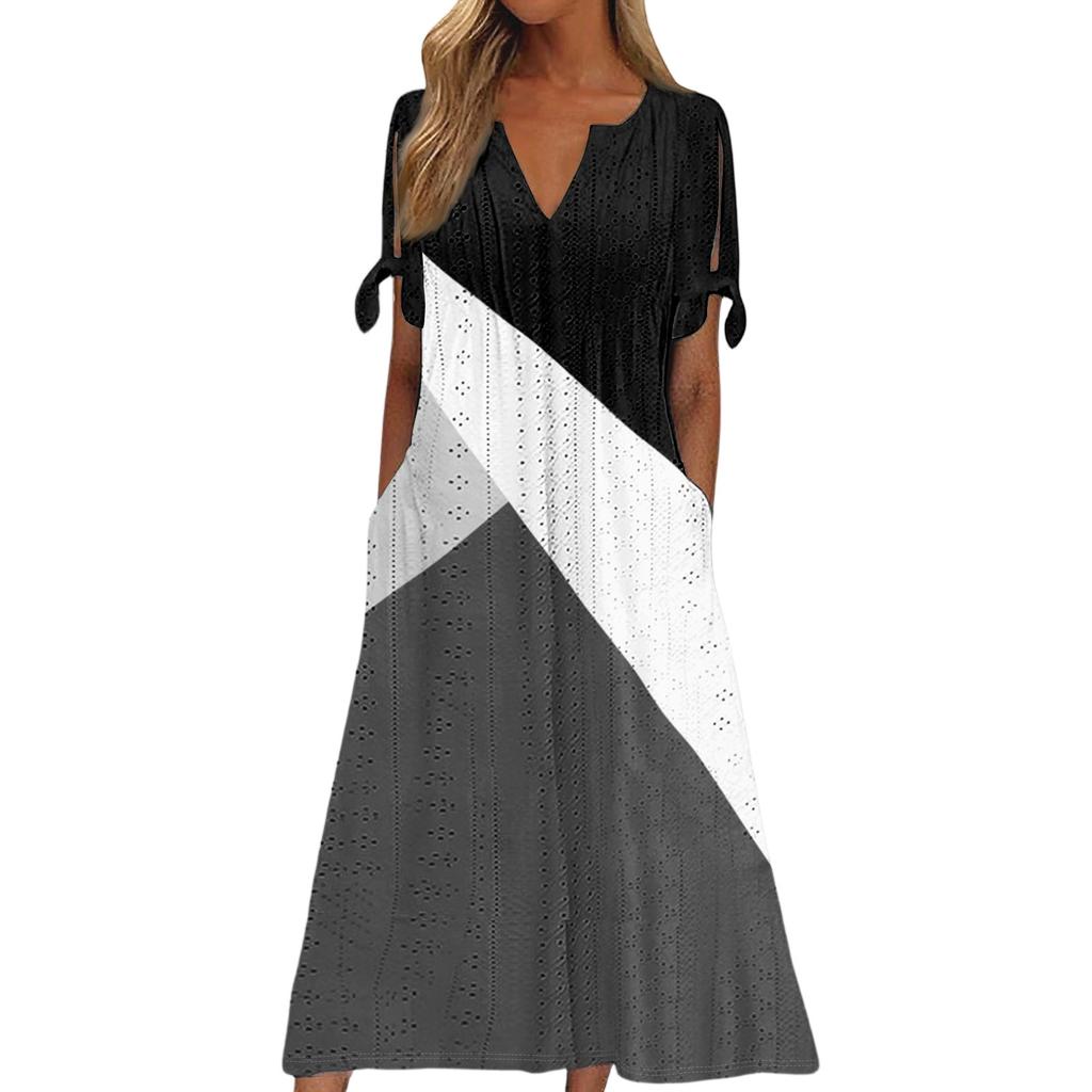 Ladies Casual Fashion Temperament Elegant Waist Patchwork Print Long Dress