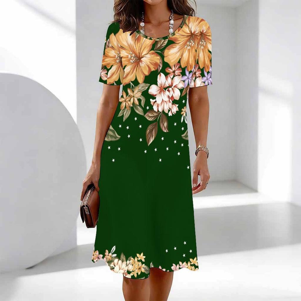 Moda damska Eleganckie piękne kwiatowe nadruki Lato Wiosna Krótki rękaw O-Neck Sukienki codzienne