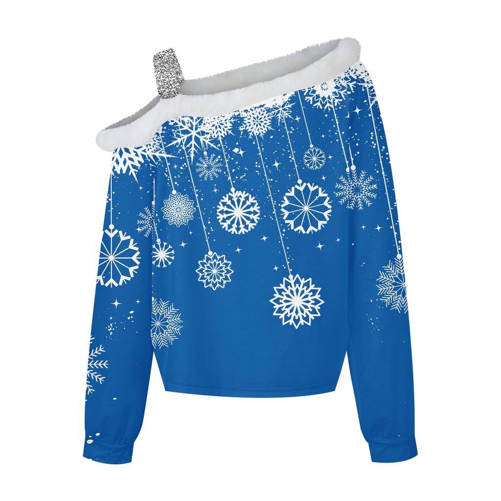 Women's Long Sleeve Tops Fashionable Women's Loose Christmas Print Off-Shoulder Pullover Tops
