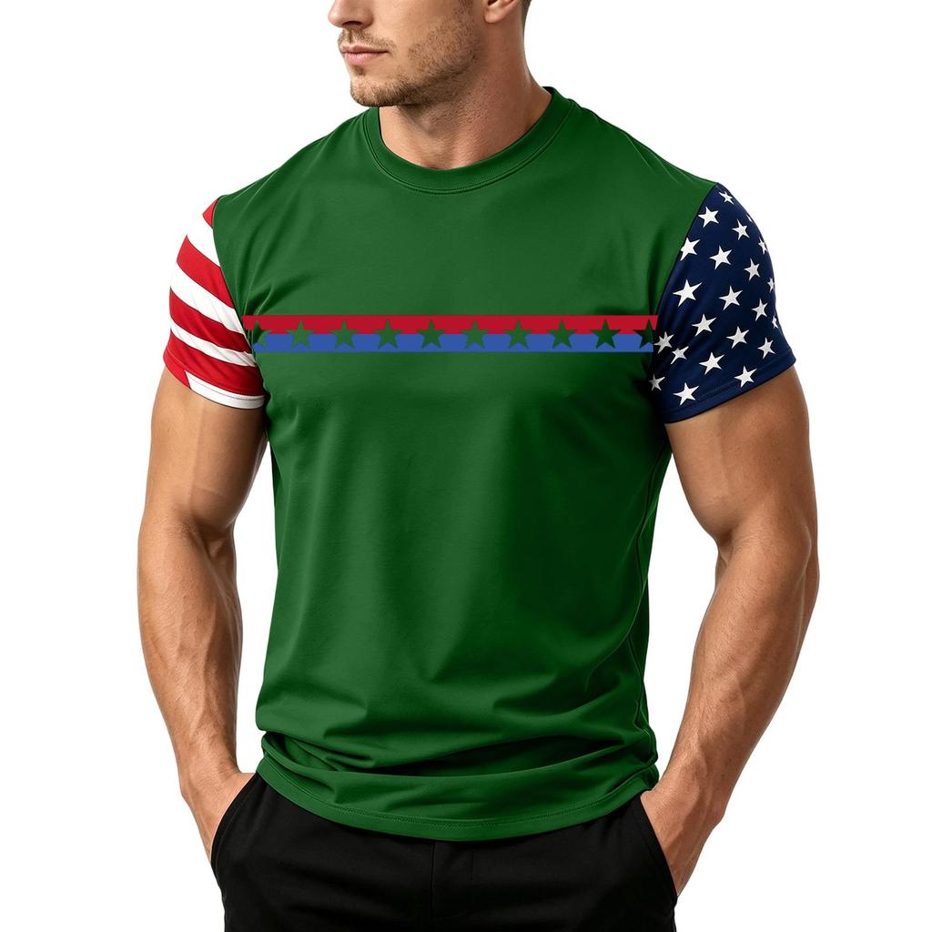 Men's Casual Short Sleeve T Shirt Loose Fit Crew Neck Lightweight Summer Daily Wear Tee with Flag Pattern Sleeve Design