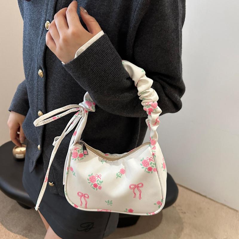 Unique Wrinkled Drawstring Floral Handbag Stylish Versatile Shoulder Underarm Purse Bag For Women