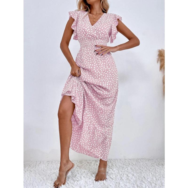 Fashion Short Sleeve Polka Dot Printed Summer Dress V-neck Ruffle Edge Elegant Casual Party Long Dress Women Loose Simple Slim Fit Women's Clothing