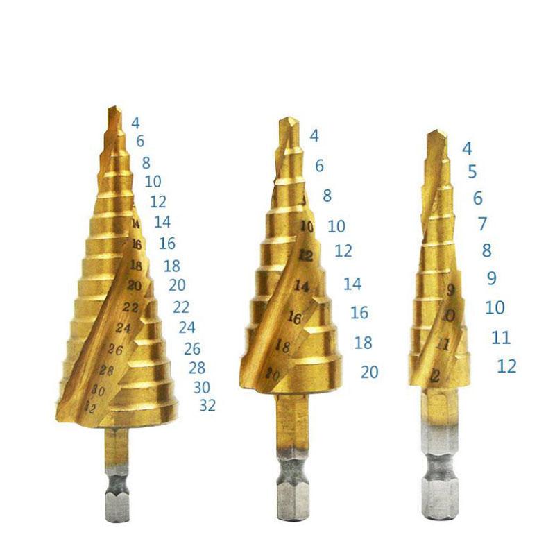 HSS Titanový stupňovitý vrták Kónický stupňovitý vrták na kov Dřevo Vysokorychlostní stupňovitá sada vrtáků Elektrické nářadí 3-12 4-12 4-20 4-32mm