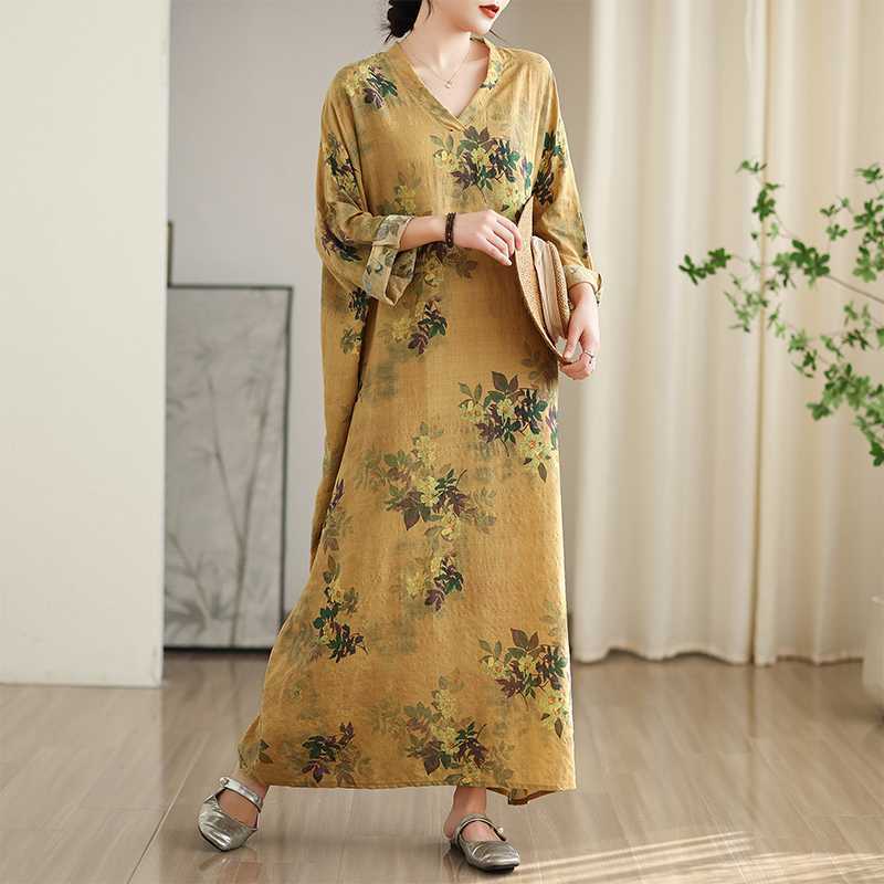 Colorful Vacation Style Travel V-neck Retro Long Skirt Cotton Linen Dress