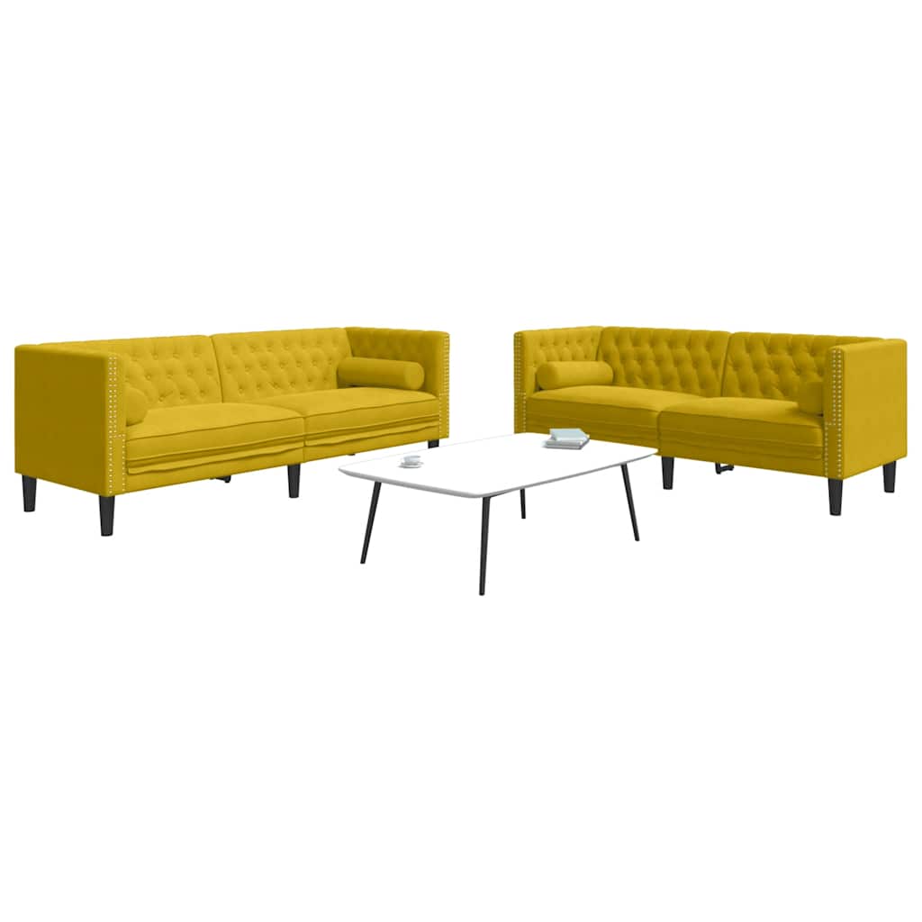 2 Piece Chesterfield Sofa Set with Neck Pillows Yellow Velvet