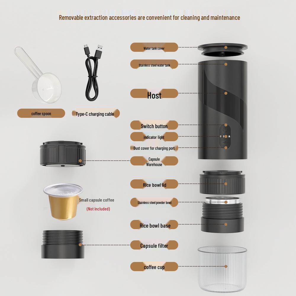 Portable Electric Espresso Machine for Travel, Car & Home - Stainless Steel with Powder Container