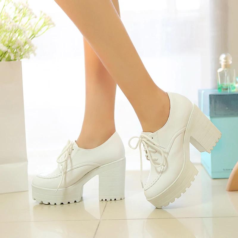 Designers New Spring Autumn Women Black High top Heels Lacing Platform Pumps Chunky Heel Leather White Red Brown