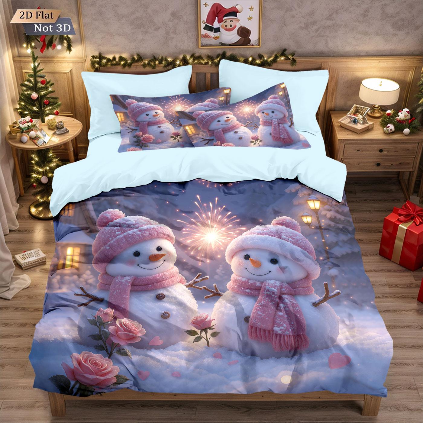 

3pcs Merry Christmas Snowman Printed Chipless Quilt Set Multi Size Bedroom Holiday Bedding Holiday Decoration Machine Washable 135x200cm-EU-Single&set