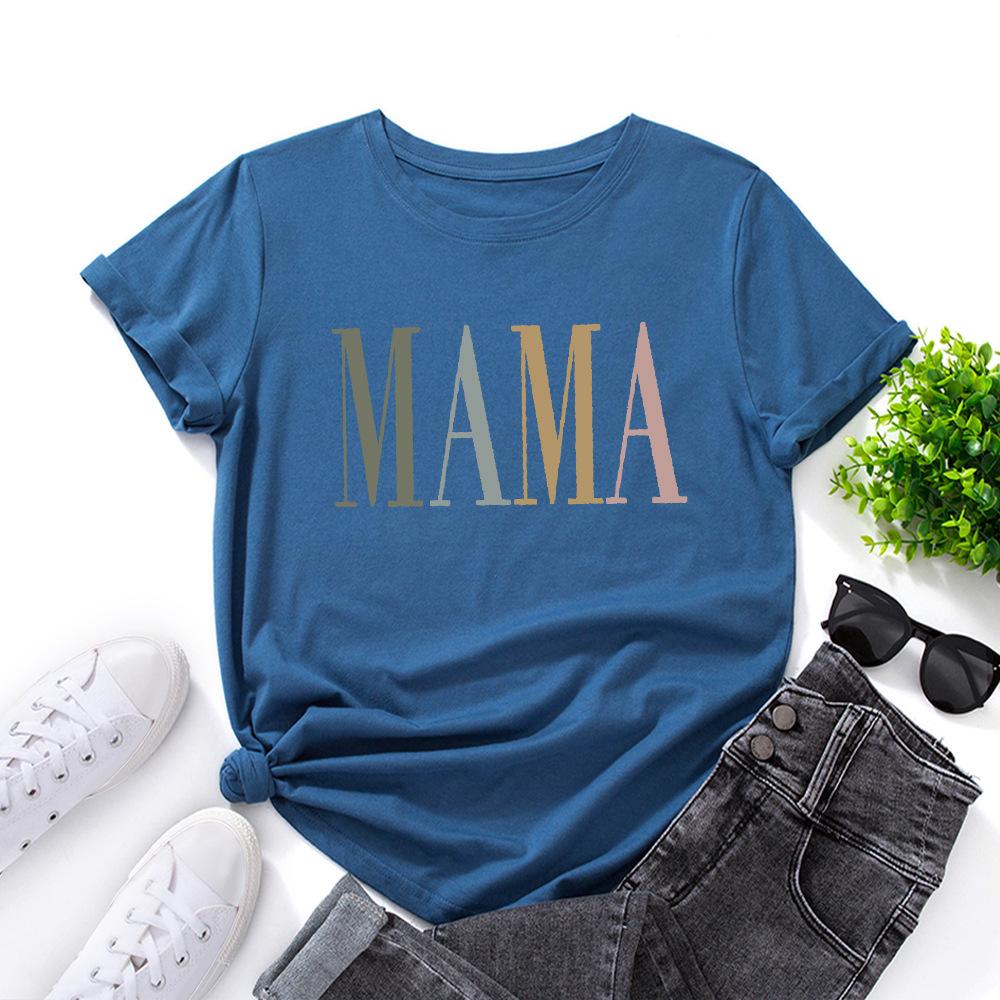 MAMA Cotton T-Shirt Short Sleeve Round Neck Women 2d Print Tops