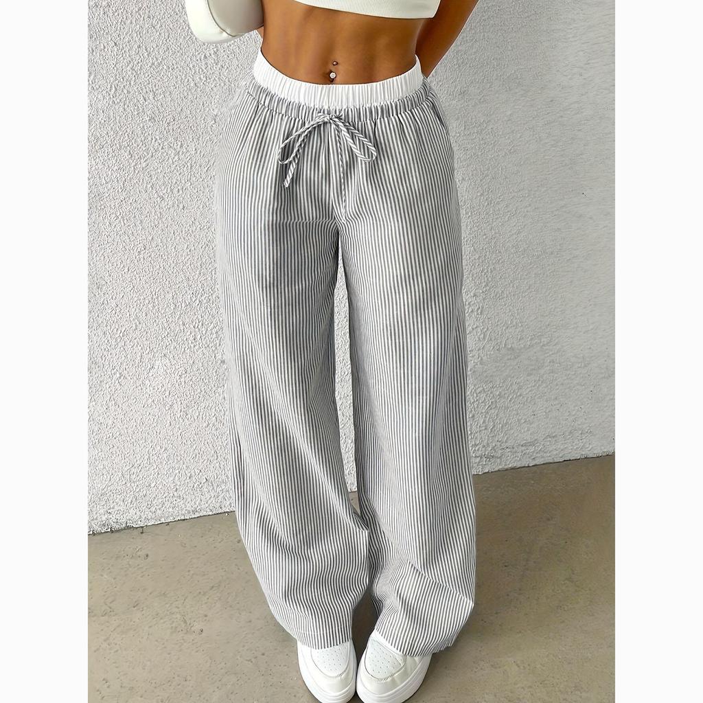 Lässige Gerade Hose Damen Modische Gestreifte Bodenlange Hose