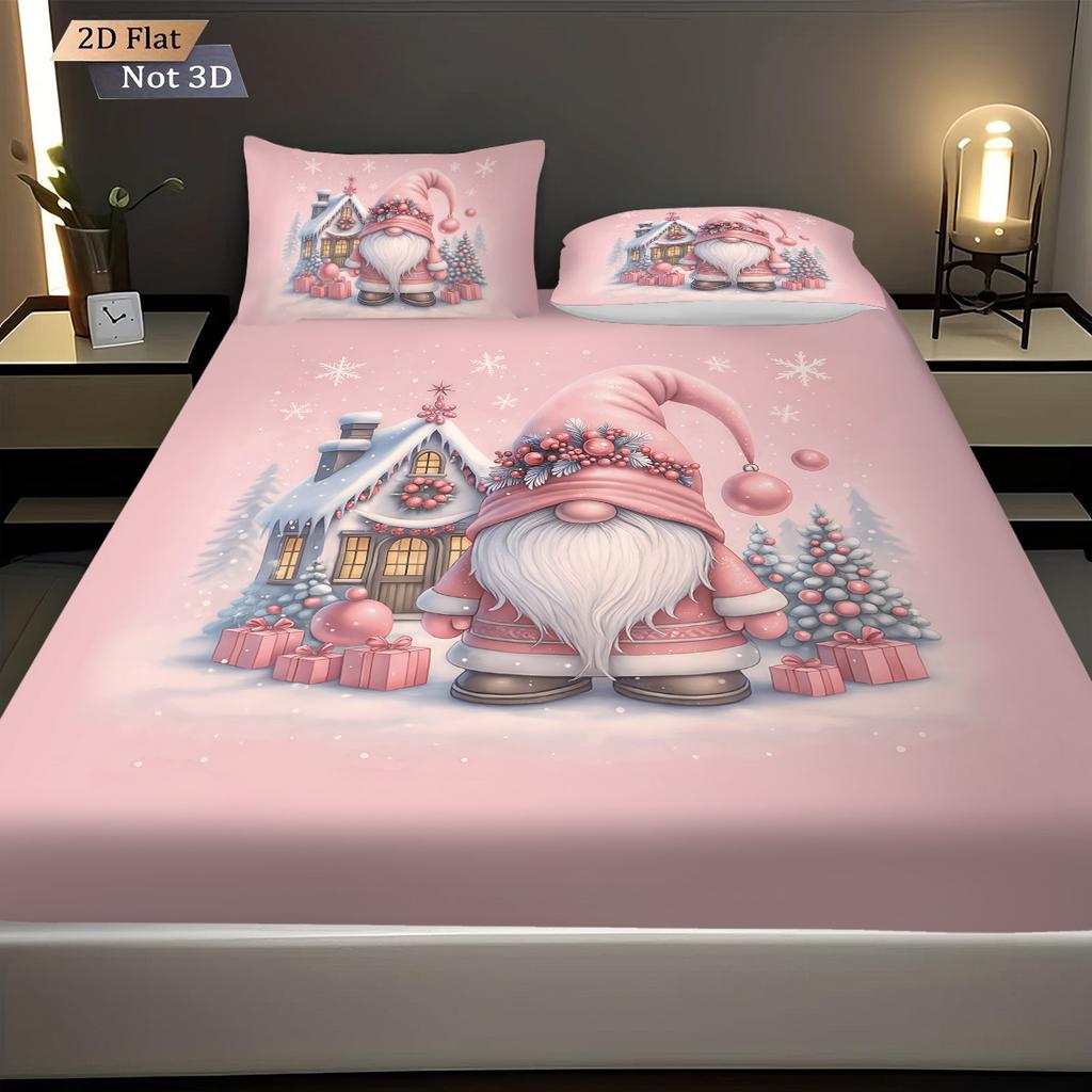 3pcs Pink Romantic Christmas Dwarf Print Coreless Bed Sheet Set Multi Size Bedcover Bedroom Bedding Decoration Machine Washable