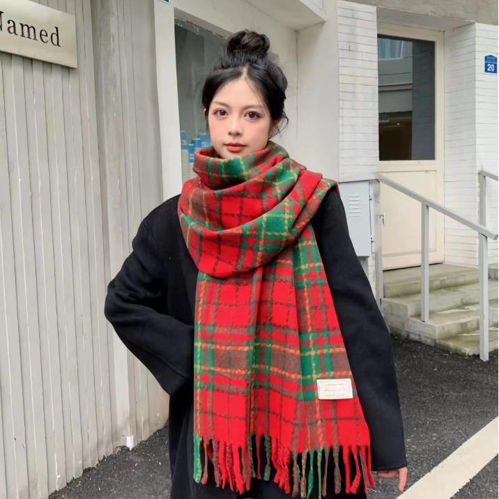 Women's Winter Christmas Plaid Scarf - Korean Fashion, Thick Warm Imitation Cashmere Shawl with Tassels