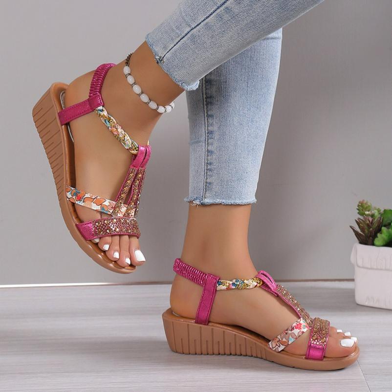 Summer Fish Mouth Wedge Heel Casual Large Size Bohemian Elastic Band Rhinestone Sandals Women