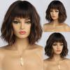 Synthetic Golden Brown Black Hair with Bangs Bob Short Curly Wavy Wig Women Heat Resistant Fiber Hair for Women Girls