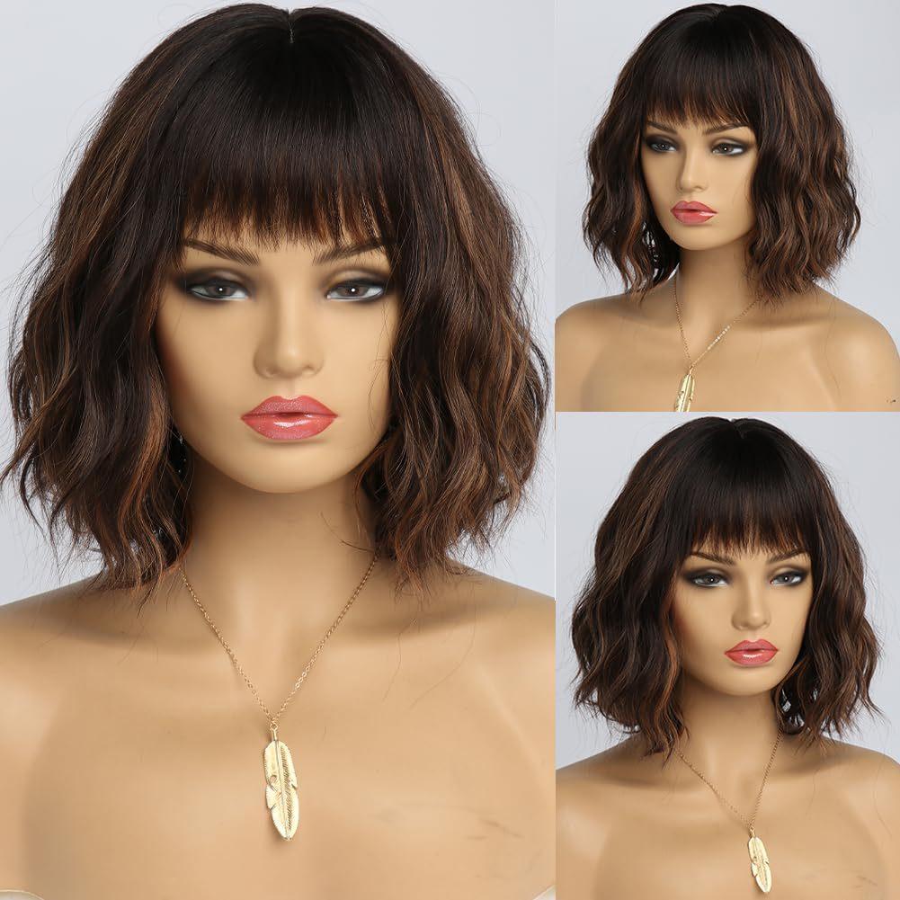 Synthetic Golden Brown Black Hair with Bangs Bob Short Curly Wavy Wig Women Heat Resistant Fiber Hair for Women Girls