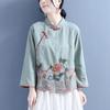Women Chinese Style Cotton Linen Blouse Mandarin Collar Asymmetric Frog Button Peony Embroidery Three Quarter Sleeve Loose Traditional Ethnic Top