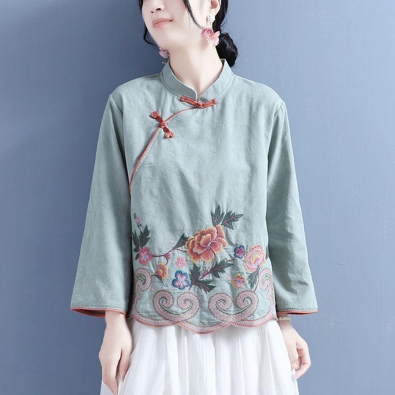 Women Chinese Style Cotton Linen Blouse Mandarin Collar Asymmetric Frog Button Peony Embroidery Three Quarter Sleeve Loose Traditional Ethnic Top