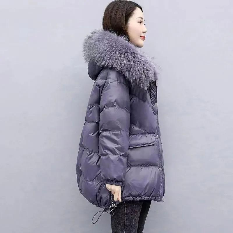Hiver Lâche Femmes Épaissir Parker Doudoune Manteau Décontracté Vêtement Chaud Duvet Coton Veste avec Grand Col Fourrure Manteau à Capuche