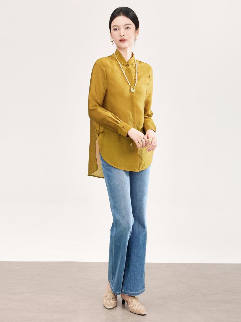 High-End Women's Silk Jacquard Frog Button Zen Shirt - Chinese Style Tea Ceremony Top for Spring