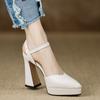 Handmade Women's Shoes New 2025 Waterproof Platform High-heeled Sandals Thick Heel Pointed Buckle Beige Temperament High Heels