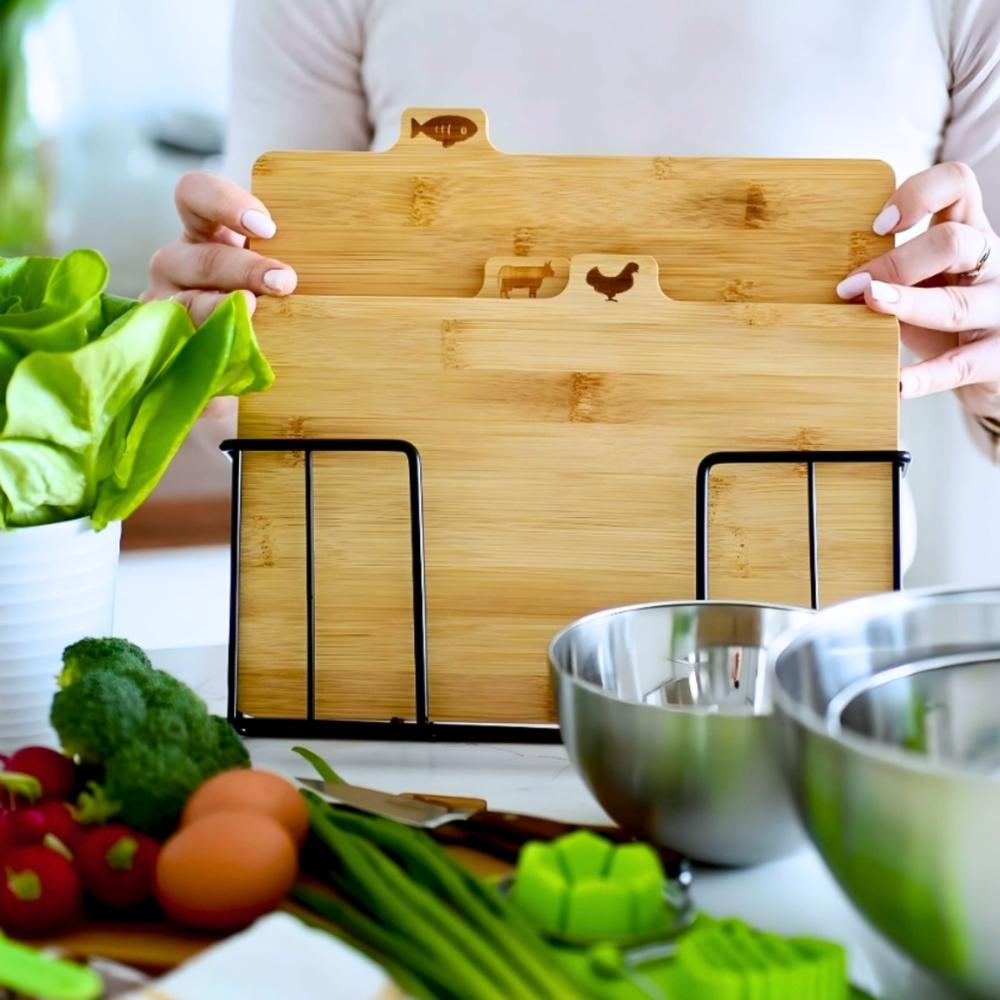 Set of 4 cutting board serving kitchen bamboo wooden + stand