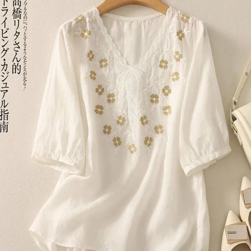Women's White Linen Blouse Half Sleeve V-Neck Embroidered Floral Casual Top