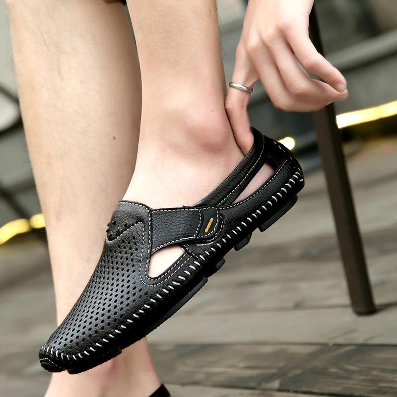 Fashion Summer Men Casual Leather Shoes Soft Bottom Designer Hollow Out Loafers Italian Outdoor Designer Breathable Slip on Boat Flats