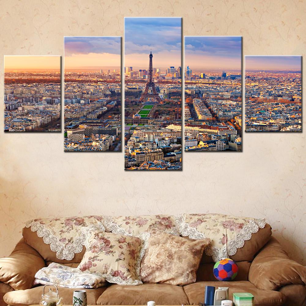 

5 Panel HD Printed Painting on Canvas Aerial Sunset View of Paris Modular Wall Art Picture for Living Room Decoration 20X35 20X45 20X55CM