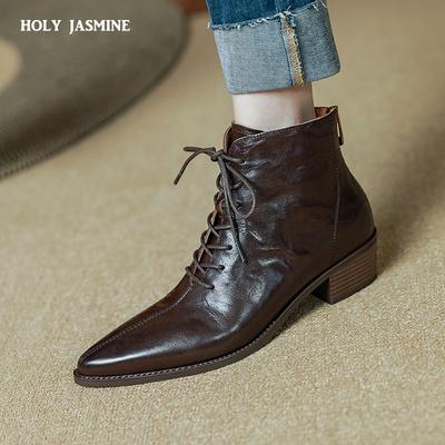 2024 Neue Herbst Schnürstiefel für Damen Spitzschuh Klobiger Absatz Stiefel Echtes Leder Schuhe für Damen Prägnante Schwarze Stiefeletten