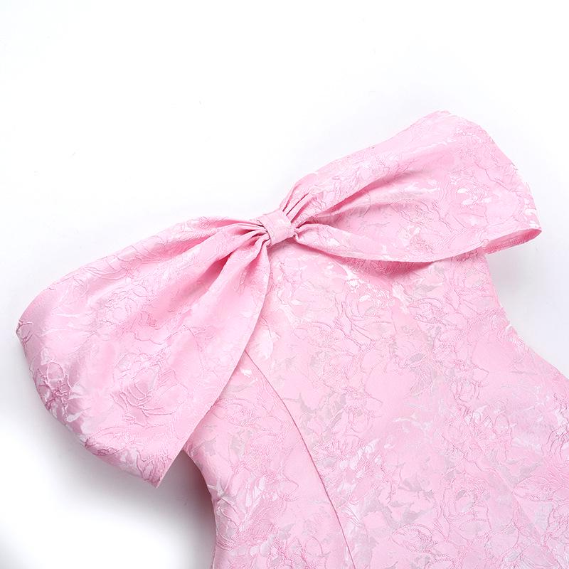 Rochie de damă cu umerii goi și fundă, Colecția de vară 2025 - Sexy, fără bretele, cu fustă scurtă jacquard