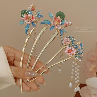 Vintage U Shape Tassel Hairpin For Women Elegant Metal Enamel Hair Stick Spring Flower Element Hairpin Hanfu Hair Accessories