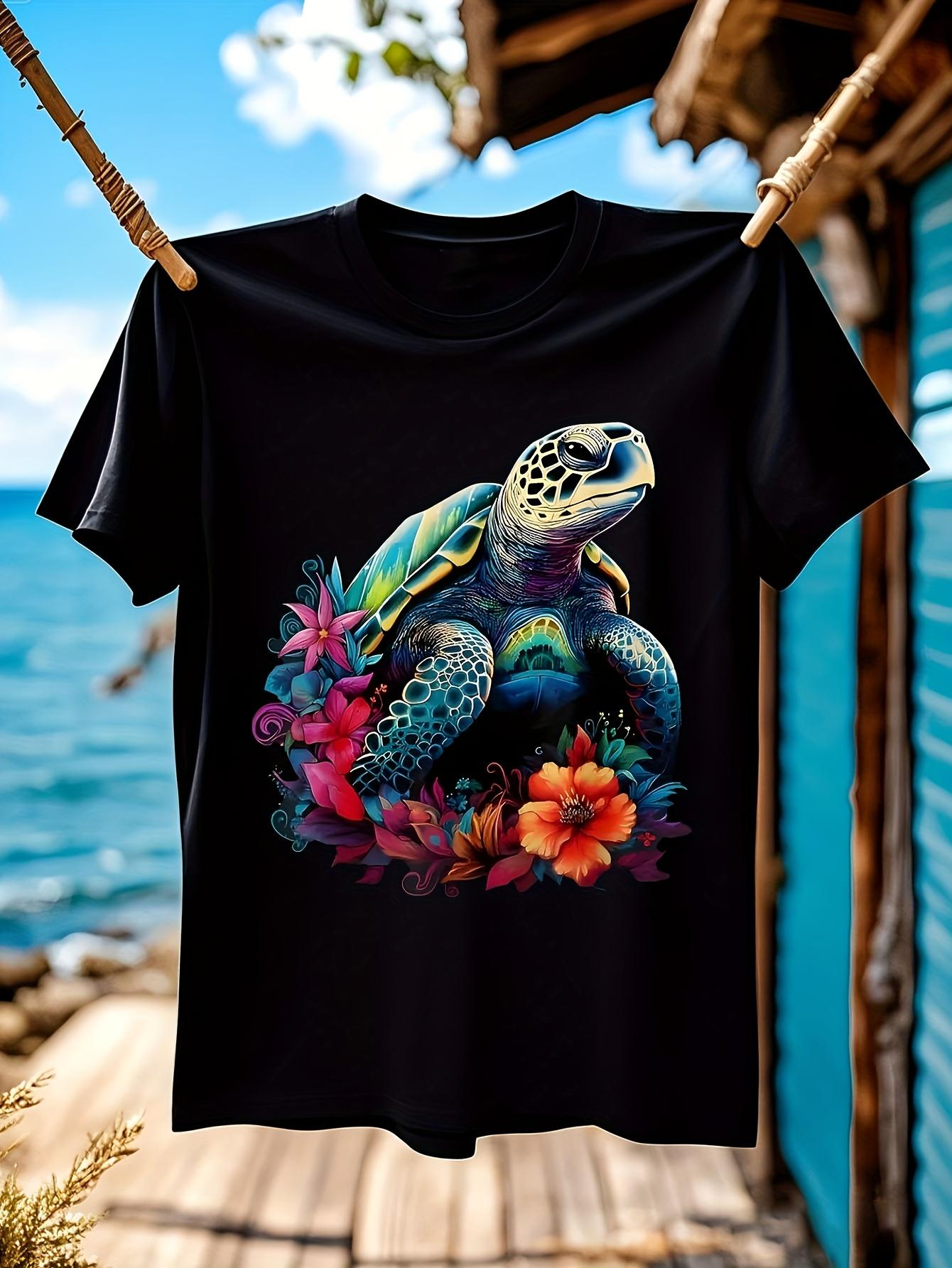 Hawaiian Sea Turtle Tshirt - White Base with Tropical Flo... XXL