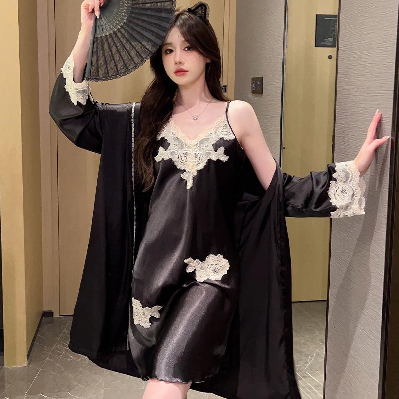 1011 New Women's Summer Ice Silk Pure Desire Style Nightgown Set, Lace Sexy Nightgown Two-Piece Set