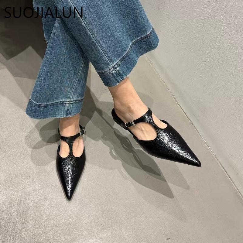 Fashion SUOJIALUN 2025 Summer New Brand Women Slipper Fashion Pointed Toe Ladies Elegant Muled Soft Flat Heel Outdoor Dress Sandal Slide